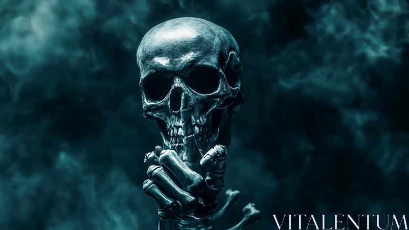 Silent skull oracle in teal fog whispers forbidden secrets.