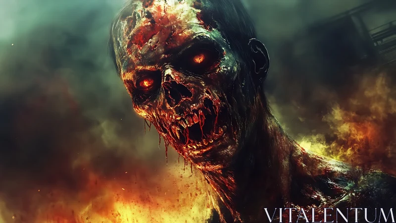 Charred inferno ghoul staring through swirling apocalyptic smoke.