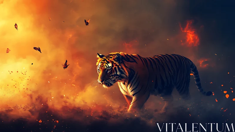 Tiger strides through molten smoke under burning sky.