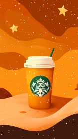 Starbucks coffee cup drifts through warm cosmic latte waves