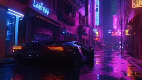 Neon supercar in rain-soaked cyberpunk alleyway at night.