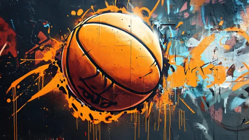 Graffiti mural of dynamic basketball with splatter abstraction.