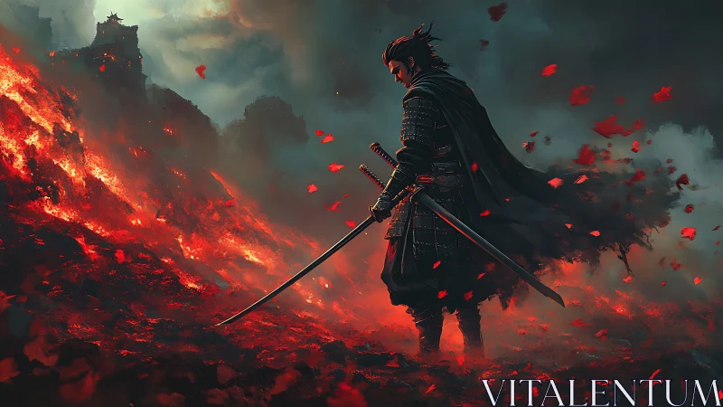 Lone samurai stands over burning battlefield in silence