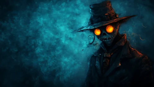 Sinister scarecrow specter glows against turbulent teal haze