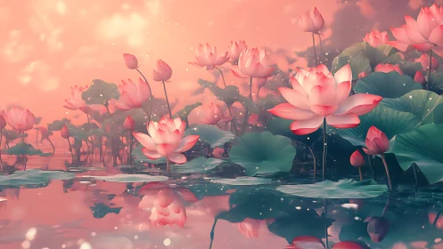 Atmospheric digital lotus lagoon under diffuse coral illumination.