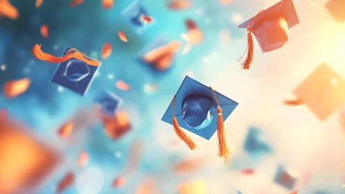 Graduation caps flying in the air, vibrant celebratory style.