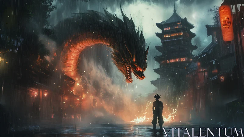 Thunderous dragon meets lone warrior in a rainlit street
