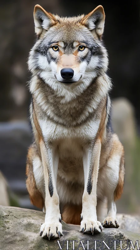 Photorealistic wolf portrait with centralized frontal composition.