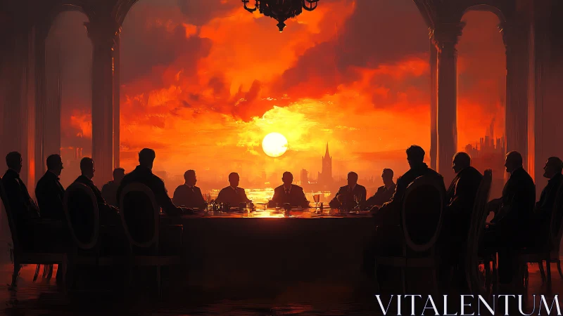Silhouetted council at grand table against incendiary sunset sky