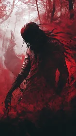 Faceless horror stalks a bloodlit forest in swirling mist