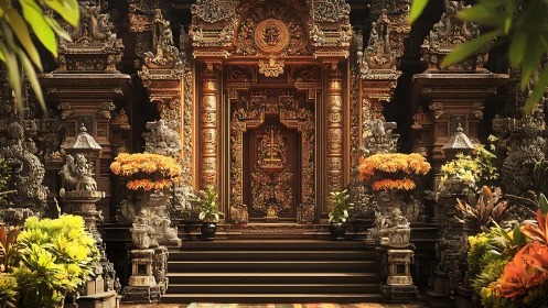 Intricately carved temple entrance framed by dense foliage