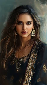 Regal gaze in embroidered midnight, painted with light.