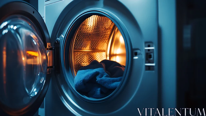 Dryer operating with blue textiles visible through heated drum