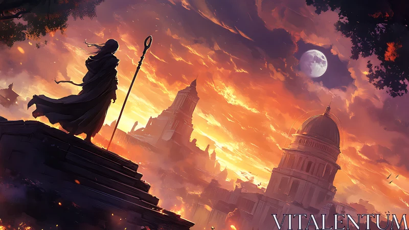 Robed figure overlooks domed city under burning sunset sky