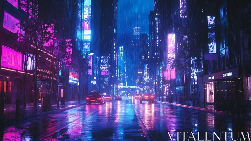 Neon soaked city street glows under a moody midnight rain