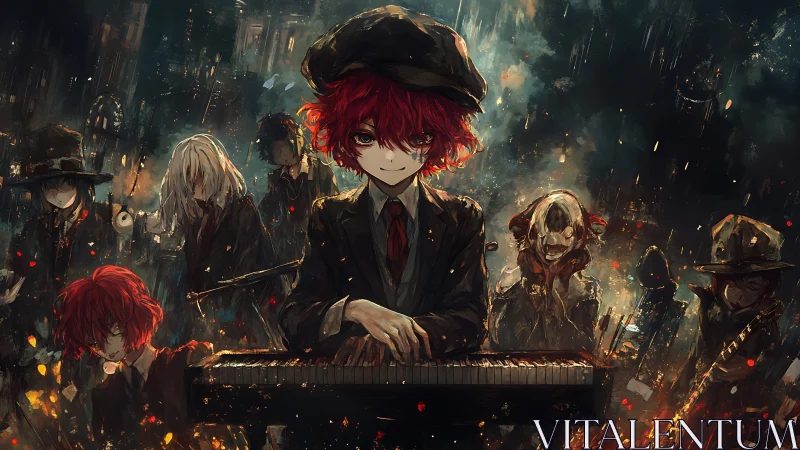 Red haired pianist leads haunted jazz band in rainstorm