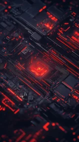Cyberpunk motherboard core with luminous red circuit lattice.