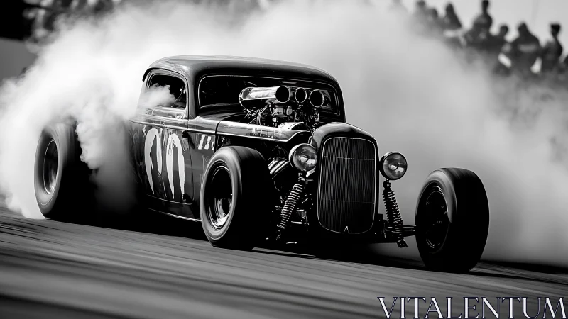Black and white hot rod drag car burning rubber on track.