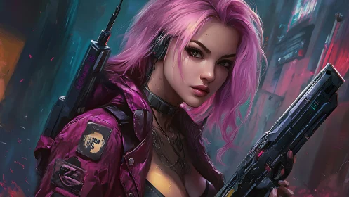 Neon-haired cyberpunk operative with rifle in rain-soaked alley.