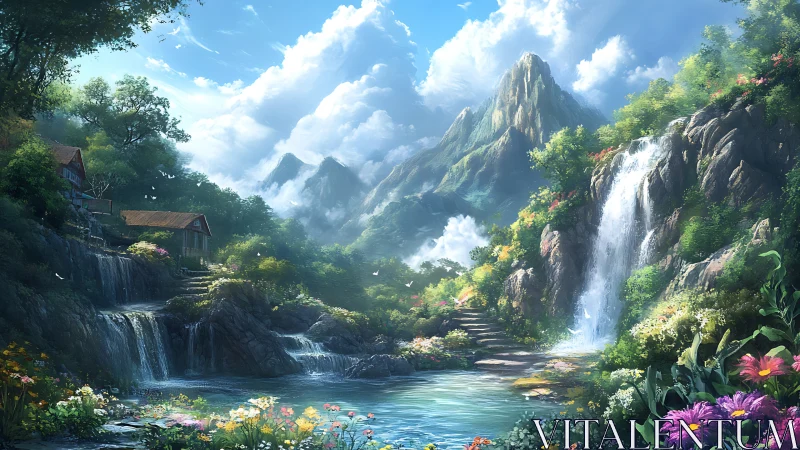 Sunlit mountain waterfalls welcome a quiet cottage valley