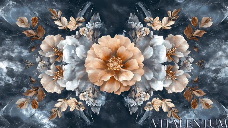 Symmetrical beige and white peonies form mirrored floral mandala