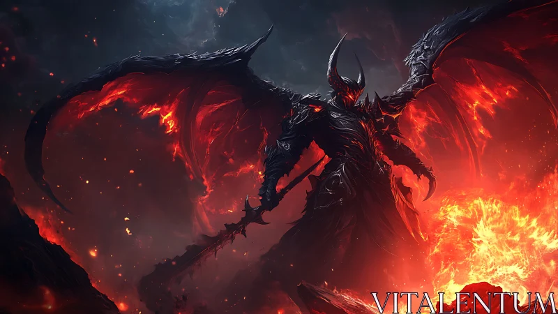 Armored demonic warlord with flaming wings over lava field.