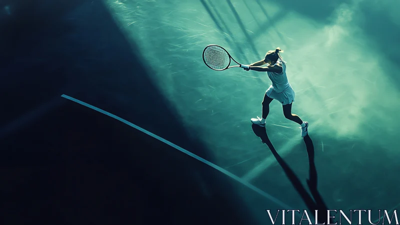 Tennis player in dynamic overhead swing on moody court.