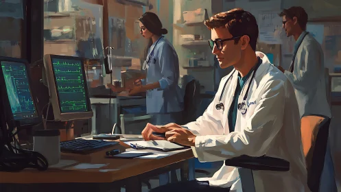Digital painting of clinicians in tech-driven hospital lab.