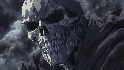 Grim skeletal figure in tattered cloak under storm clouds.