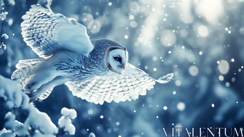 Majestic owl in flight over snowy forest, ethereal winter photography.