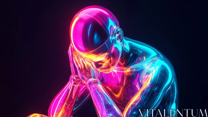 Neon-lit transparent android bows head in contemplative pose