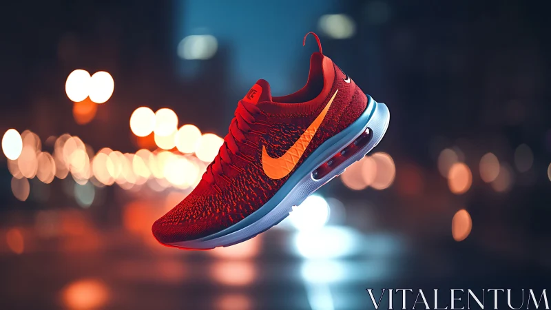 Red athletic shoe with visible air sole in urban bokeh scene.