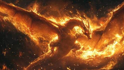 Fiery dragon with burning wings in blazing night sky.