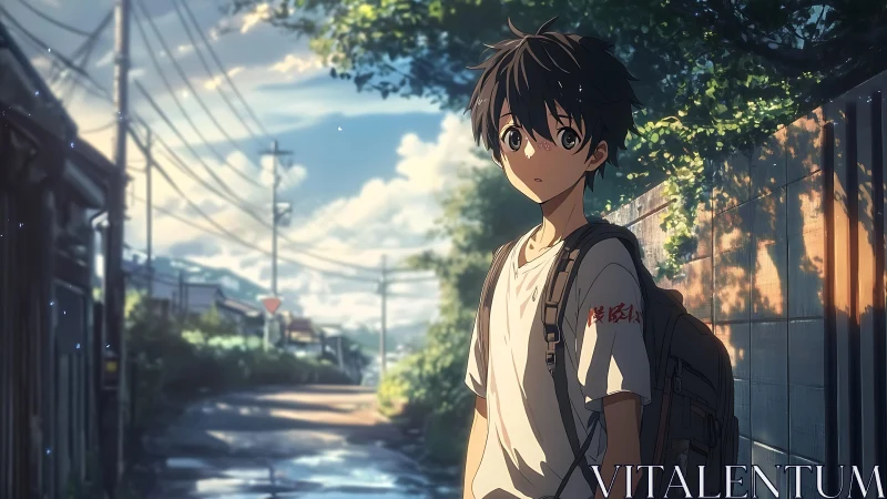 Anime boy on sunlit suburban street in cinematic backlight