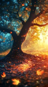 Enchanted autumn tree in glowing twilight forest light.