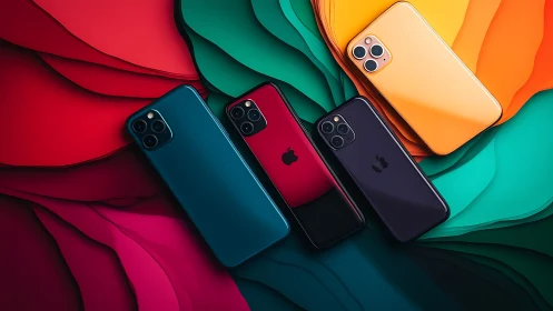 Color-varied smartphones arranged on layered paper backdrop surfaces