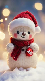 Knitted snowman teddy in red Santa hat and bauble glow.