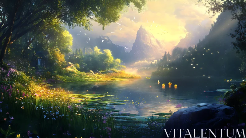 Sunlit mountain lake reflects forest shore and distant peaks