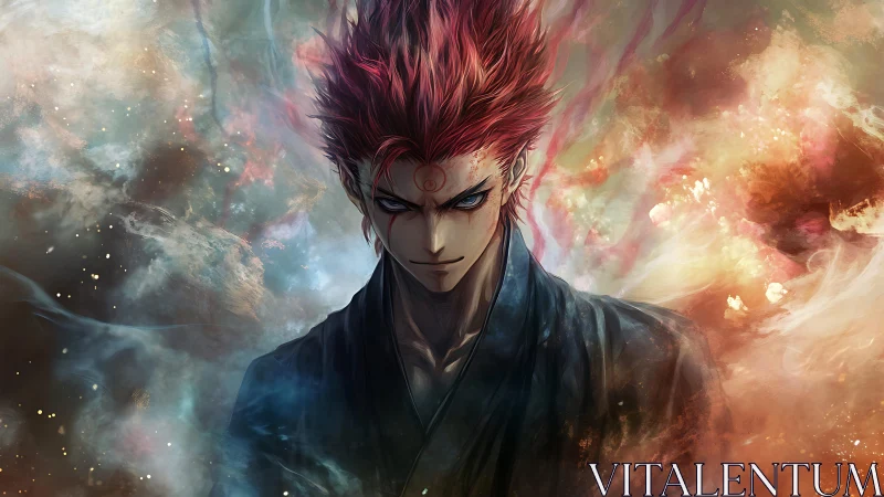 Scarlet storm-eyed warrior crowned in cosmic embers.