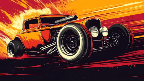 Orange hot rod illustration on dynamic fiery roadscape.