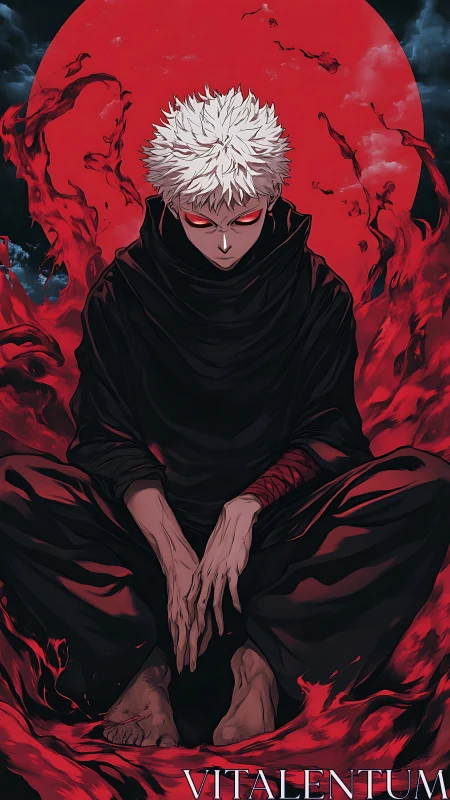 White haired anime figure in dark robe amid red vortex.