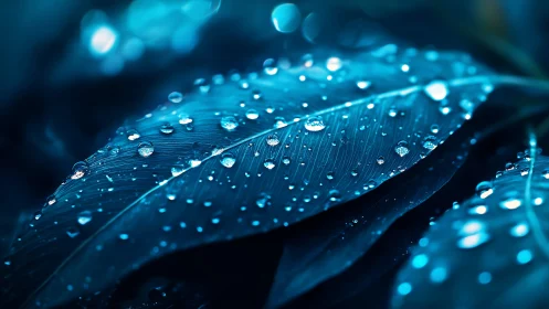 Dewlit blue leaves shimmer under cool macro lighting.