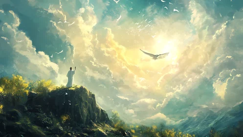 Radiant sky welcomes a robed figure standing on a sunlit cliff