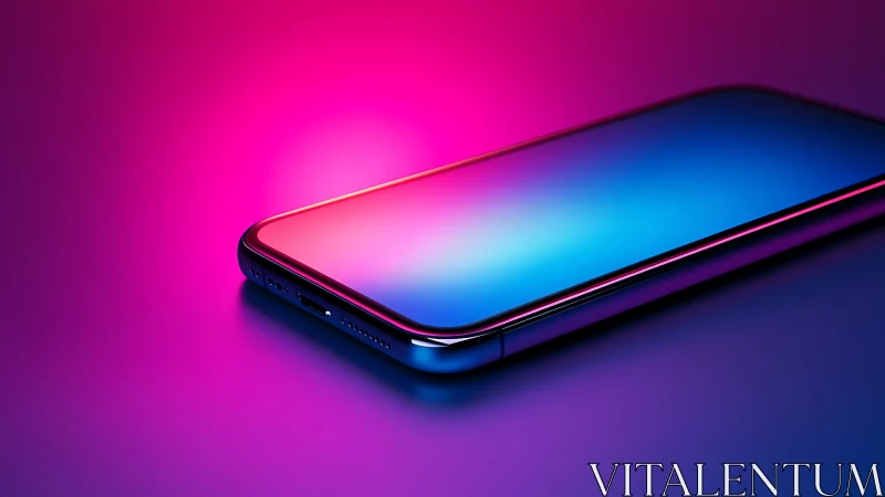 Smartphone lies on surface under pink and blue gradient light