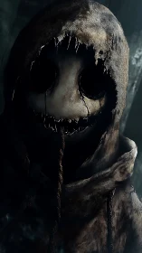 Hooded humanoid figure with eyeless mask in dim setting.