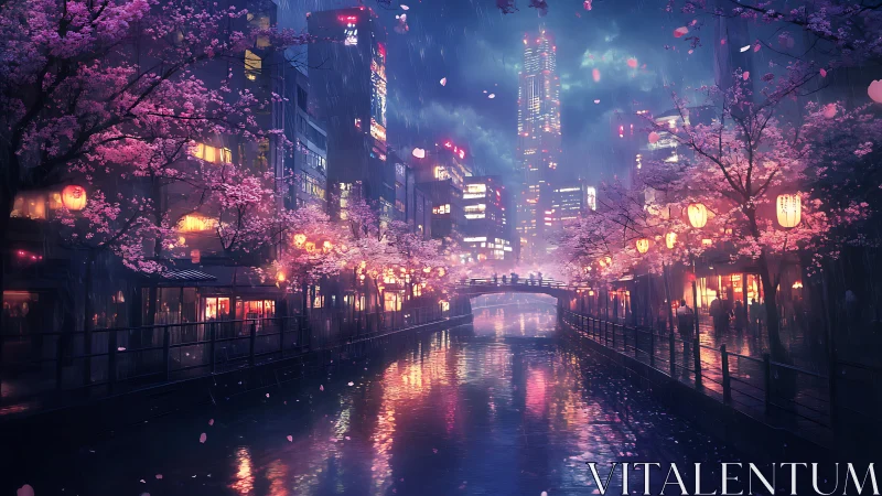 Rain-soaked neon canal under sakura bloom with volumetric lighting