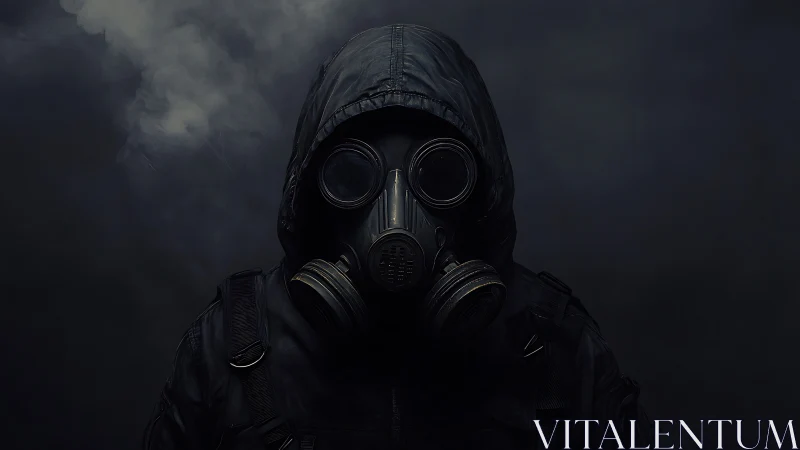 Midnight sentinel waits in gas mask armor beneath smoke