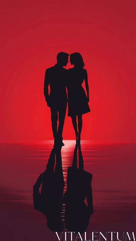 Silhouette Duality: Red Composition with Mirrored Figures.