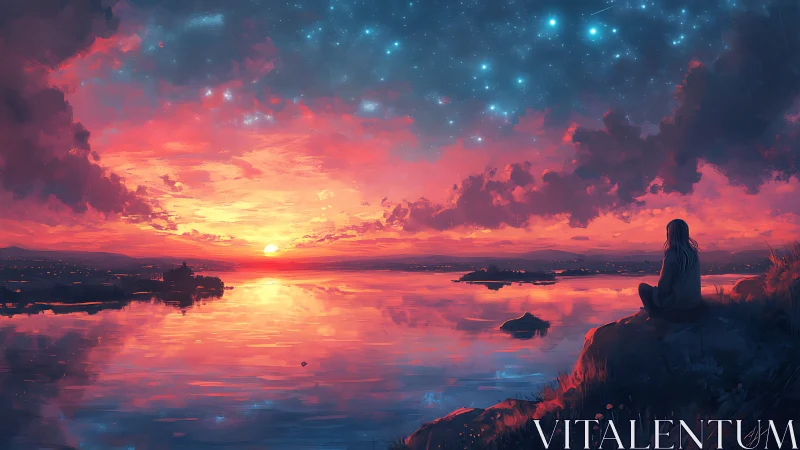 Solitary figure watches luminous sunset across calm lake