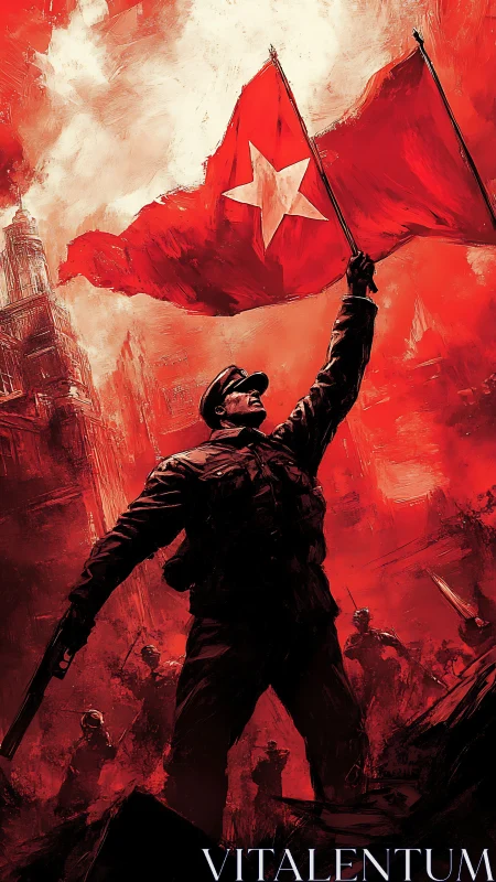 Revolutionary soldier raises red banner over burning city